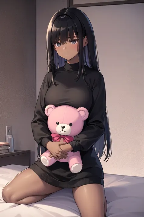 A black woman, dark-skinned, skin black. Long black hair, fringe. Big black eyes. lowrise, serious countenance. holding a teddy bear, black sweatshirt in a pink room