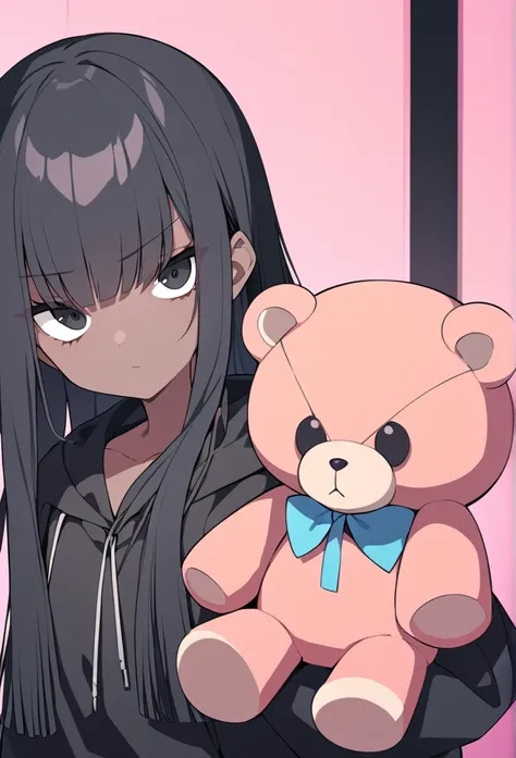 A black woman, dark-skinned, skin black. Long black hair, fringe. Big black eyes. lowrise, serious countenance. holding a teddy bear, black sweatshirt in a pink room