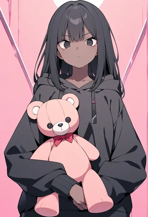 A black woman, dark-skinned, skin black. Long black hair, fringe. Big black eyes. lowrise, serious countenance. holding a teddy bear, black sweatshirt in a pink room