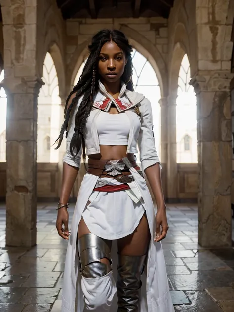 8k, RAW photo, best quality, ultra high resolution, photorealistic, realistic photo of skinny ebony girl assassins creed, (skinny ebony girl, 20 years old, most beautiful ebony girl in the world, slim face, dark skin, black hair, dreadlocks hair, dreadlock...