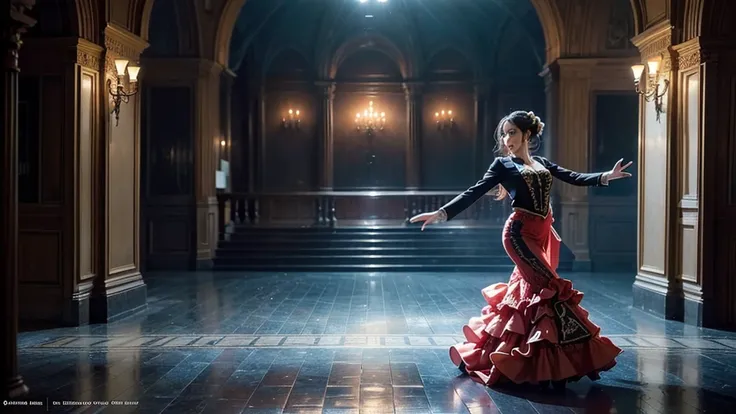 ((Parallel world:1.1)), (A Spanish person dancing flamenco in a flamenco costume), 2D Cinematic, Rebuttal on cgsociety,   Streaming,  Spanish Background, Romanticism, Atmospheric, (RAW Photos, Highest quality), (Realistic, photo-Realistic:1.3), masterpiece...