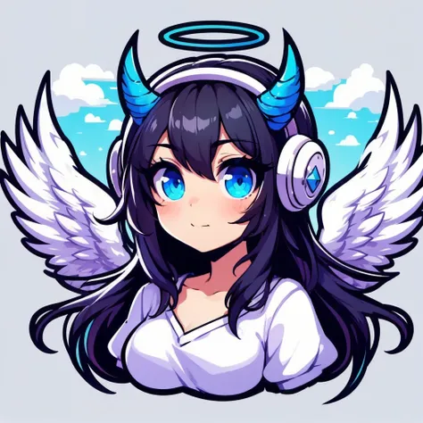 Logo for girl, that is half-length that has black hair, blue eyes, little blue horns, wearing a white corset with gold details, chibi anime style