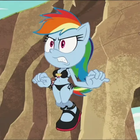 rainbow dash, 1girl, solo, upper body, (screencap, curvy:2), bikini, beach