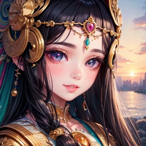 masterpiece, Highest quality, masterpiece, God-like quality, Godly art, Highly detailed face, Very realistic, cute, Young girl, smile, Big eyes, Long eyelashes, Multicolored Hair, Variegated eyes, Shiny skin, Fuller lips, Big Lips, Shiny skin, Blushing, Ni...