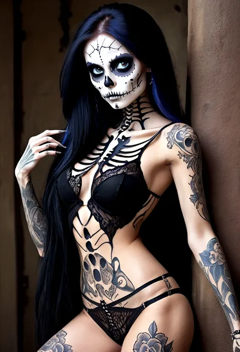 Create a hyper detailed photograph of a skeleton tattooed young sexy stunning gorgeous sally Skellington, Stunningly perfect gorgeous face, perfect makeup,detailed vibrant eyes, sally long hair,detailed perfect beautiful legs, detailed perfect beautiful ar...