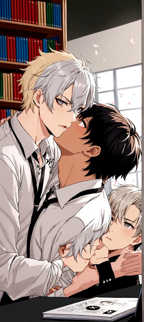 Generate an image for me where there are two boys, one with short white hair, gray eyes, stocky and the other with half black and white hair that looks more delicate and soft. Both boys find themselves in a library in which the white-haired one, Kenji, is ...