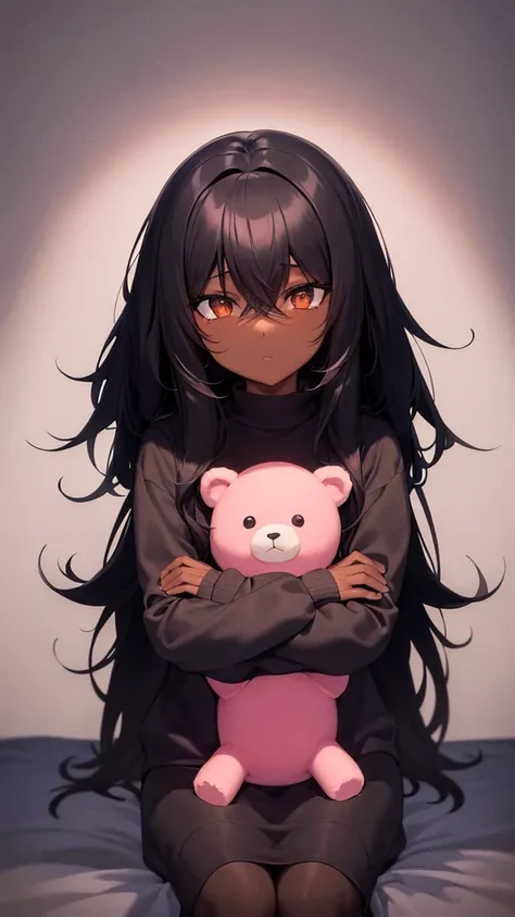 A black woman, dark-skinned, skin black. Long black hair, fringe. Big black eyes. lowrise, serious countenance. holding a teddy bear, black sweatshirt in a pink room