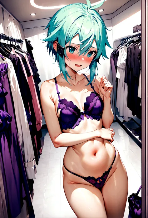 NSFW,masterpiece,Highest quality,High resolution,Super detailed,Sinon(Sword Art Online),(High-quality purple sexy lingerie),Embarrassed,expectant face,blush,Shopping mall,Lingerie Shop,fitting room,Dressing room,Date,Body touch