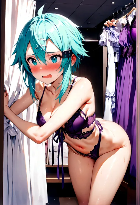 NSFW,masterpiece,Highest quality,High resolution,Super detailed,Sinon(Sword Art Online),(High-quality purple sexy lingerie),Embarrassed,expectant face,blush,Shopping mall,Lingerie Shop,fitting room,Dressing room,Date,Body touch