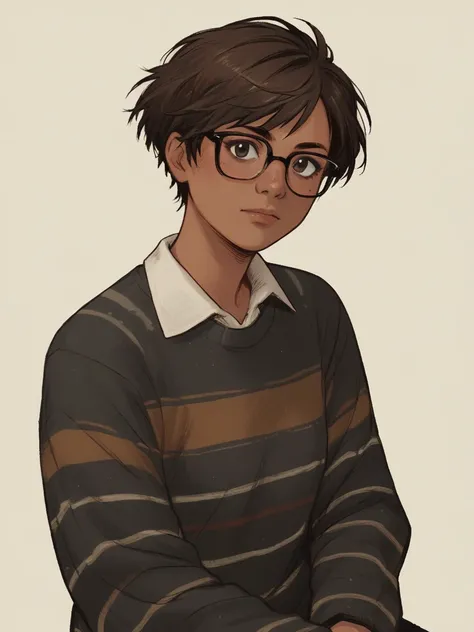 score_9, score_8_up, score_7_up, score_6_up, score_5_up, score_4_up,   wh33z13, 1woman, dark Brown short hair, striped sweater, dark Brown eyes, glasses 