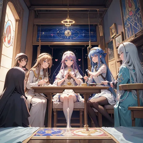 Tarot Cards（Female Pope(Salvator Mundi）のLast Supper（　canteen　Draw on canvas（Stained glass（Valentine　hologram　Blue light swirling）　Last Supper　　holy grail　Christ　smile）Anime Poster、oil）
