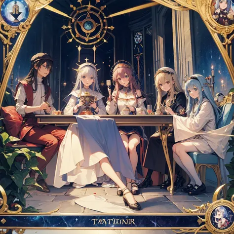 Tarot Cards（Female Pope(Salvator Mundi）のLast Supper（　canteen　Draw on canvas（Stained glass（Valentine　hologram　Blue light swirling）　Last Supper　　holy grail　Christ　smile）Anime Poster、oil）
