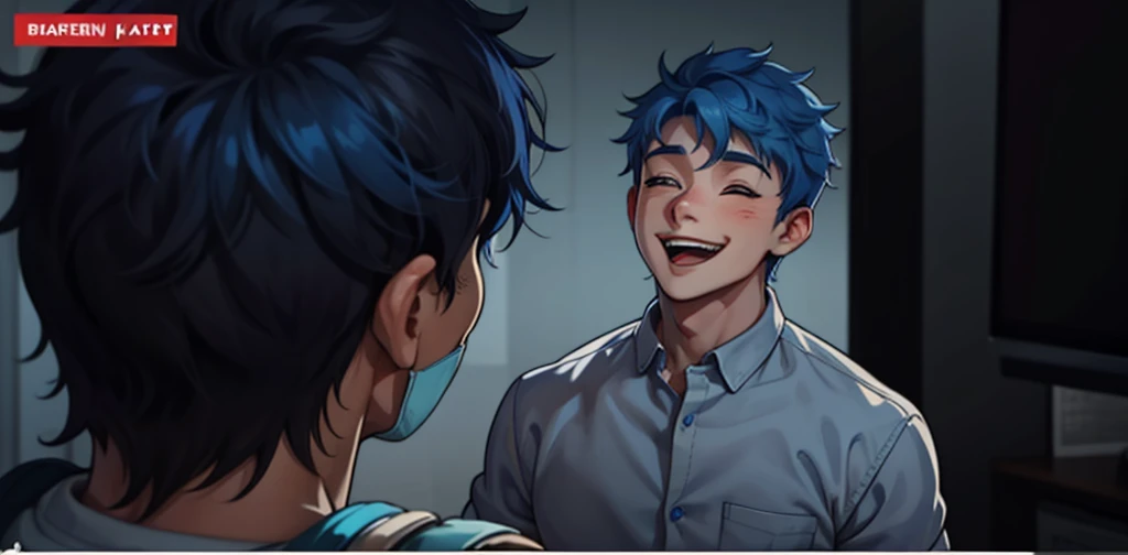 There are two boys with blue hair, they love each other, they smile with joy.