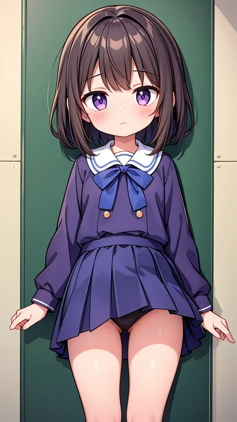 (High quality), (masterpiece), (very detailed), girl, (very small bust), short brown hair, purple eyes, shy face, (primary school loli), showing her thighs, on the school yard, sunny, camera angle from below, adorable eyes, (primar school uniform)