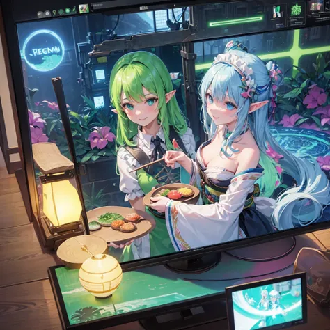 Elf（Maid clothes（kimono）　tropical　tropicalジュース（tray）　Tavern（Adventurer）　cyber punk　Green light swirling（hologram）　Multiple monitors behind（Streaming screen　magic circle）　Adventurer　Medieval Fantasy　smile　night　comics）