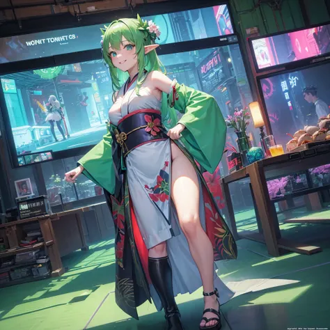 Elf（Maid clothes（kimono）　tropical　tropicalジュース（tray）　Tavern（Adventurer）　cyber punk　Green light swirling（hologram）　Multiple monitors behind（Streaming screen　magic circle）　Adventurer　Medieval Fantasy　smile　night　comics）