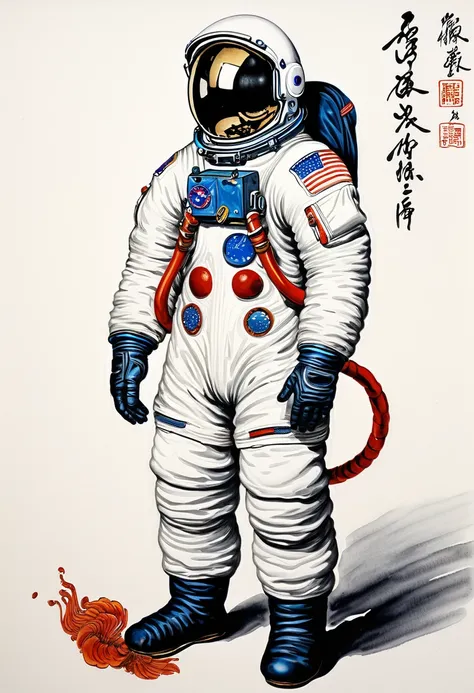 Astronaut, full body, by Qi Baishi and Chen Longque and Chen Dingbo, best quality, masterpiece, very aesthetic, perfect composition, intricate details, ultra-detailed, vivid colors