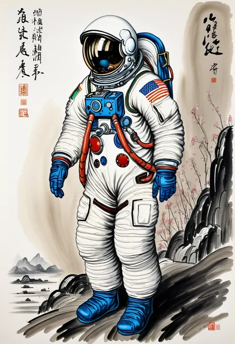 Astronaut, full body, by Qi Baishi and Chen Longque and Chen Dingbo, best quality, masterpiece, very aesthetic, perfect composition, intricate details, ultra-detailed, vivid colors