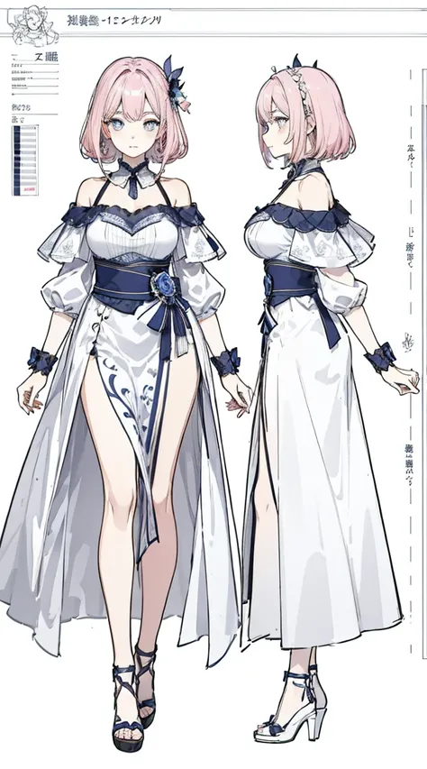 Wearing a white coat，Sexy Costumes、Off the shoulder， Tight Skirt，(Character design sheet, front, return, ~ ~ side, same characters), returnground is simple, , Big Breasts, 大人のwoman, Thick eyebrows, Narrow waist, Beautiful pink hair, semi-long, (masterpiece...