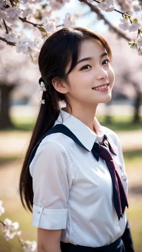 (highest quality,masterpiece:1.3,ultra high resolution),(Super detailed,caustics,8K),(photorealistic:1.4,RAW shooting),1 girl,(smile),(Looking up at cherry blossoms),18-year-old,cute,Japanese,black short ponytail,(school uniform),glamorous,(big ),(face foc...