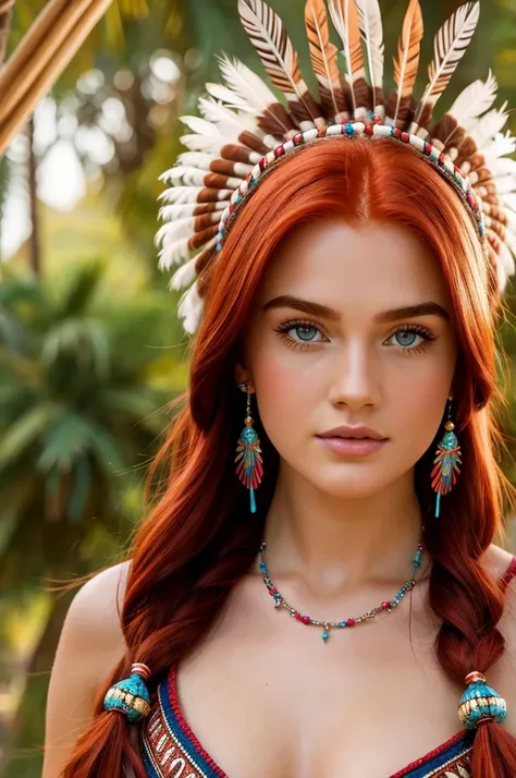 Gorgeous red-haired Meg Donnelly as a sexy Native American princess, feathers in hair, bead ornaments, hyper-realistic