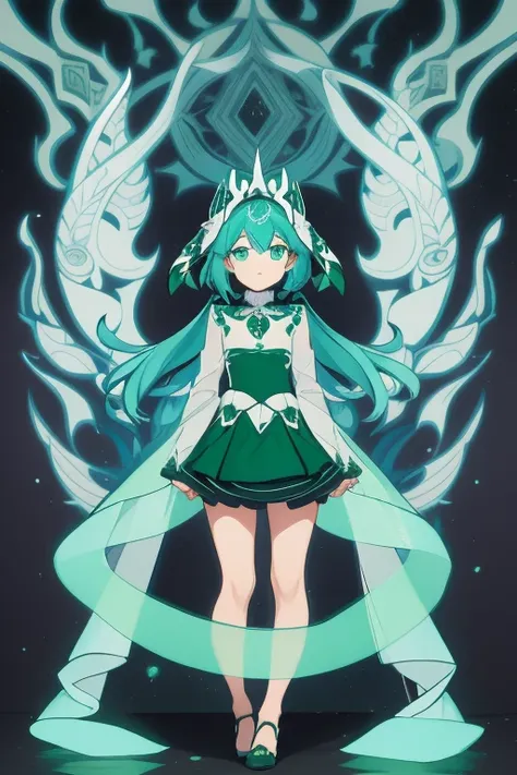 ghost girl, color verde aqua, elegant dress, with green fire 