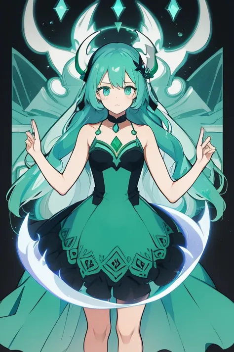 ghost girl, color verde aqua, elegant dress, with green fire 