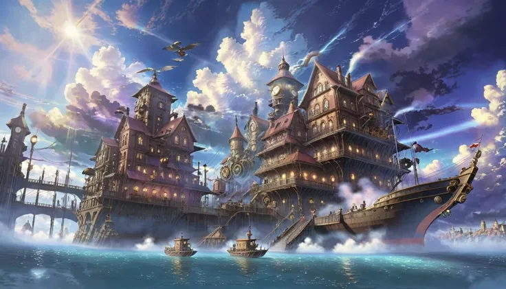 A floating steampunk city, Detailed architecture, mysterious technology, Cinema Lighting, Dramatic clouds, 8K, Very detailed, Complex, beautiful, Miyazaki style, Realistic, masterpiece, Professional, Vibrant colors, Dramatic lighting, Dynamic configuration