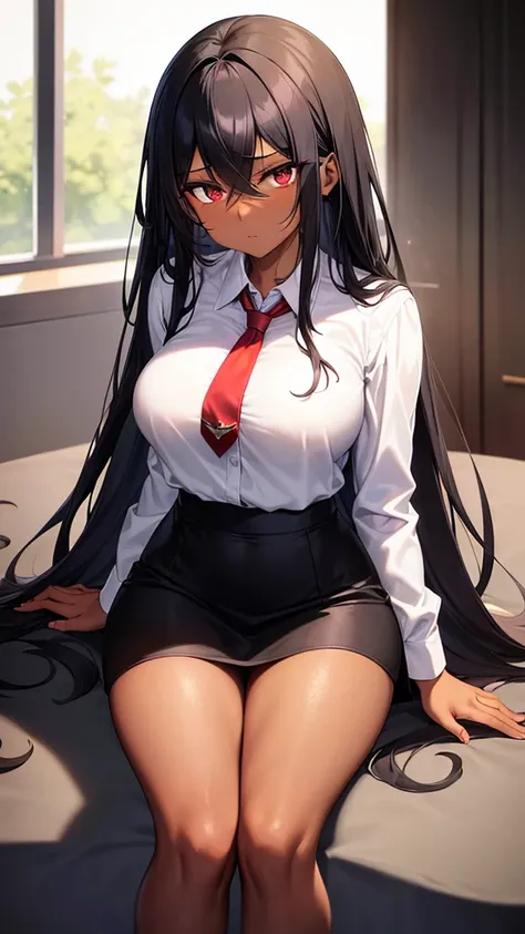 A black woman, dark-skinned, skin black. Long black hair, fringe. Big black eyes. lowrise, serious countenance, breasts small. White blouse and red tie, short black skirt, tights and red heels, holding coffee in an office 