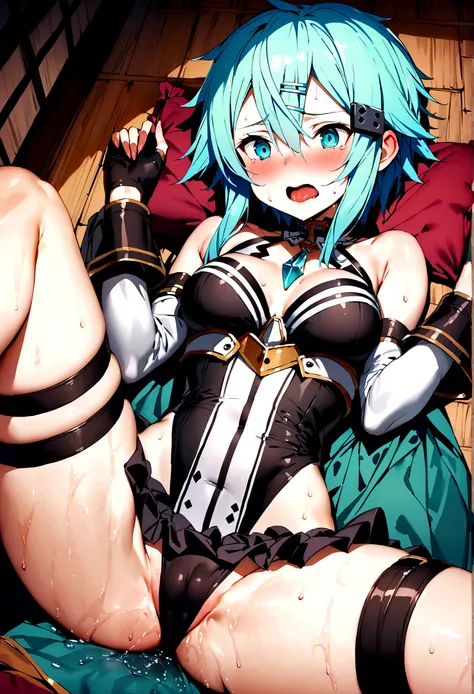 NSFW,masterpiece,Highest quality,High resolution,Super detailed,Sinon(Sword Art Online),Bare shoulders,Removable sleeves,Hand guard,leotard,Cape,Frilled mini skirt,gem, hair ornaments, Hair Clip,Thigh straps,Embarrassed,Expecting face,(Lust),(Estrus),(Ecst...