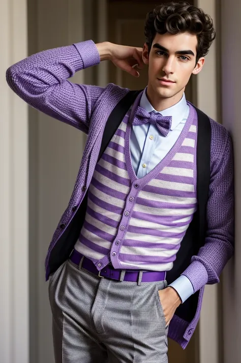 He is lanky and has lavender skin., long nose, curly hair, thick black eyebrows and purple eyes. He wears a light blue shirt with white stripes, a houndstooth sweater vest, magenta bow tie, purple pants and black dress shoes.