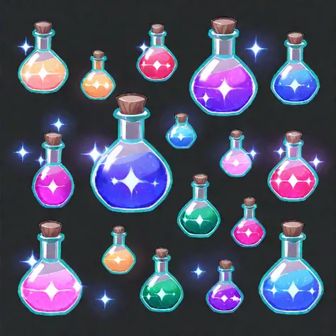 game icons, kawaii potions, sparkling, black background