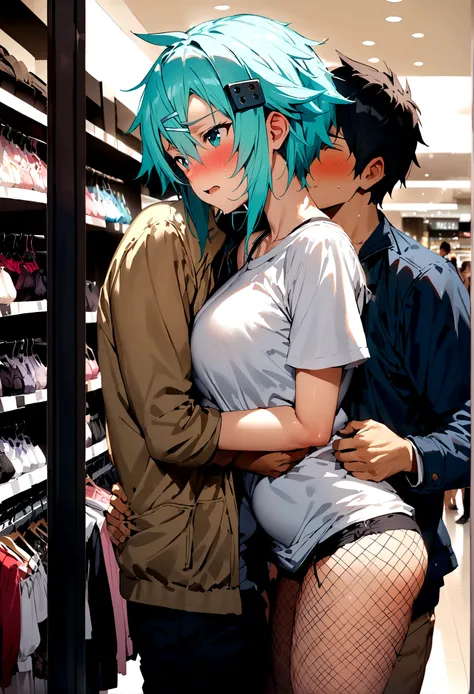 NSFW,masterpiece,Highest quality,High resolution,Super detailed,Sinon(Sword Art Online),Jacket,White T-shirt,cropped,Shorts,Fishnet tights,Shoulder bag,Embarrassed,expectant face,blush,Shopping mall,Lingerie Shop,Underwear section,Date,(boy),(Molestation),...