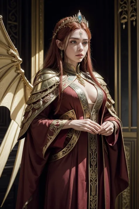 High Elf, Altmer, golden skin, emerald eyes, regal poise, 250 years old, six feet eight inches tall, fiery red hair, braided hair with silver and gold threads, sharp refined features, noble lineage, ceremonial Akatosh devotee attire, wine-colored silk robe...