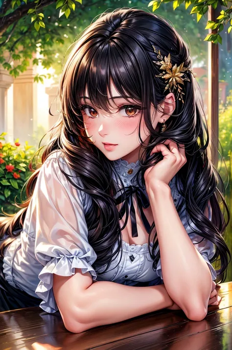 (best quality,4k,highres,ultra-detailed,realistic:1.2),oil painting texture,luscious flowing black hair ribbon,delicate facial features,glossy lips,upper eyelashes,scenic and vibrant garden,exquisite details,high pixel resolution,soft and warm color tone,s...