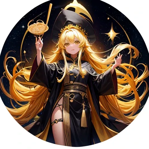  magician, Yellow long hair, Dark fantasy, Highly detailed yellow and black space robe, Space Wand　Eating curry udon noodles