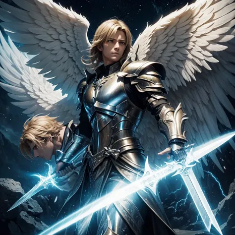 An angel with huge wings in the background, in the foreground a shining sword brimming with power, his power has awakened, angel with epic armor, striking eyes 