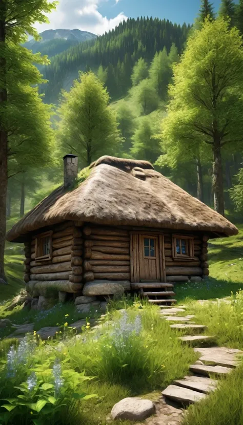 An image of an ancient mountain hut in the may of a forest, PICTURE REALISTIC, high resolution 8k 