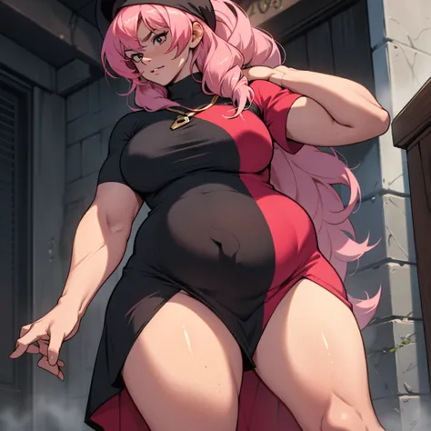 older woman in her 30s, with pink hair and a tall, curvy body, breasts big, in this, (work of art, best qualityer:1.2) wearing the legendary great black dress of the mystical sorceress, Big witch hat, pregnant, standing alone, alone, pink massive hair
