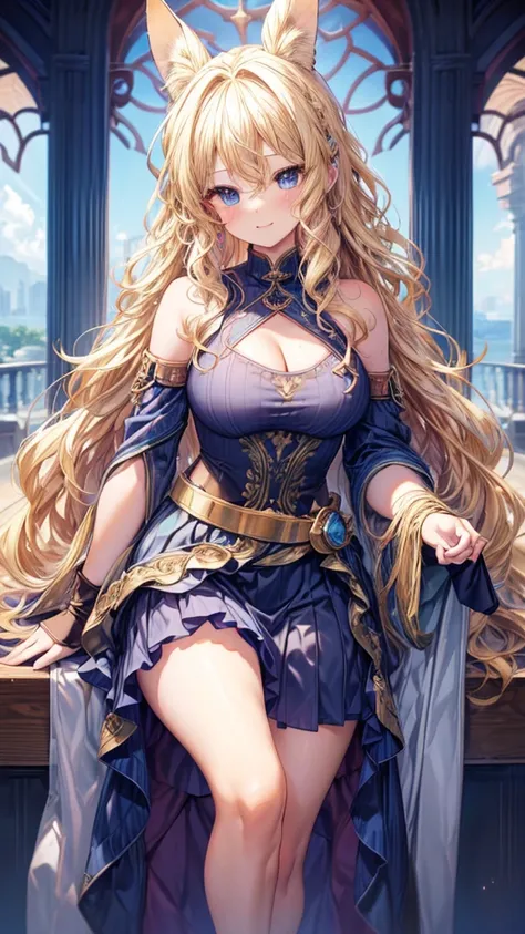 Very detailed、highest quality、Best image quality、masterpiece、8k、Anime Face、A kind smile、Open your mouth、Sparkling blue eyes、(Blonde wavy hair:1.5)、、Muscles of the whole body、Hands on hipini skirt、camisole、Thigh belt