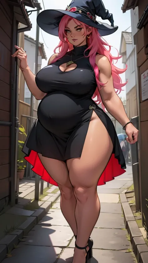 older woman in her 30s, with pink hair and a tall, curvy body, breasts big, in this, (work of art, best qualityer:1.2) wearing the legendary great black dress of the mystical sorceress, Big witch hat, pregnant, standing alone, alone, pink massive hair
