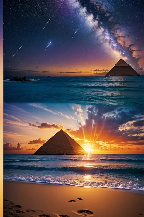 Disney Pixar type poster of a sunset on the beach, with some pyramids in the background on a night with a star shower