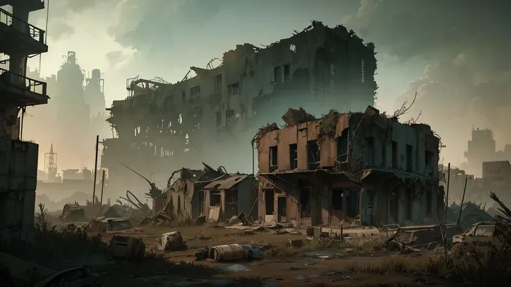 a desolate abandoned cosmodrome, crumbling concrete structures, rusted metal, overgrown vegetation, atmospheric lighting, moody ...