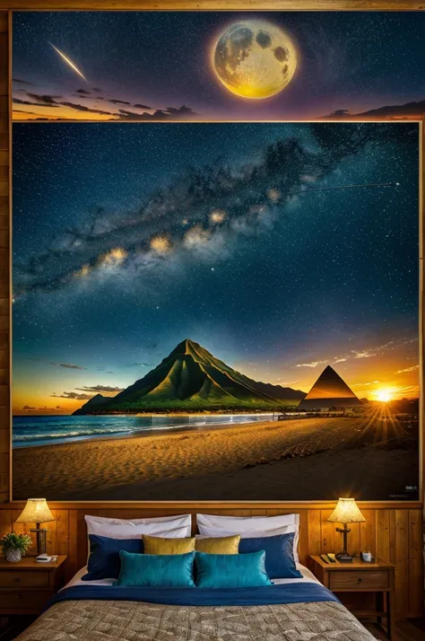 Van Gogh type horizontal poster of a sunset on the beaches of Hawaii, with some pyramids on one side and the starry sky