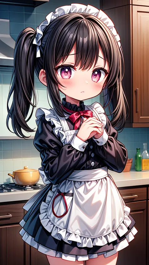 (8K, Highest image quality, highest quality, masterpiece), detailed face, ((loli)), ((girl)), (little  curve), black hair, short twintails, pink eyes, ((very small bust)), (flat bust), (naked apron), cowboy shot, put your hand on your mouth, kitchen backgr...