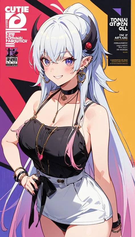 masterpiece, Highest quality, whole body, One girl, bangs, black choker, blush, bracelet, chest, choker, clothes The surrounding area waist, clavicle, Cowboy Shot, ear Earrings, Eyebrows visible through hair, Gradient Hair, Grin, fix, jewelry, Kogal, Long ...