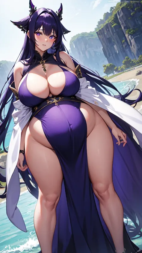 Mulher pregnant com vestido roxo gigante, high qualiy, awardwinning, high resolution, 8K , standing alone, 1woman, from the front, mellow, milf, purple cropped hair, blue colored eyes, long cloak decotado , tall woman, 29-years-old, milf, cuvilinear body, ...