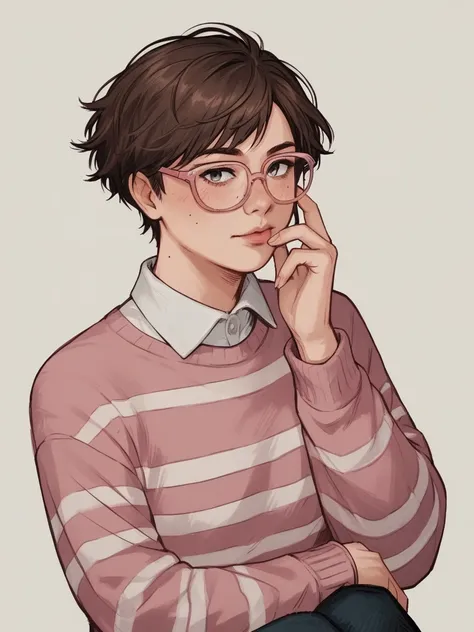 score_9, score_8_up, score_7_up, score_6_up, score_5_up, score_4_up,   wh33z13, 1woman, white skin, Brown short hair, pink striped sweater, rosé glasses 