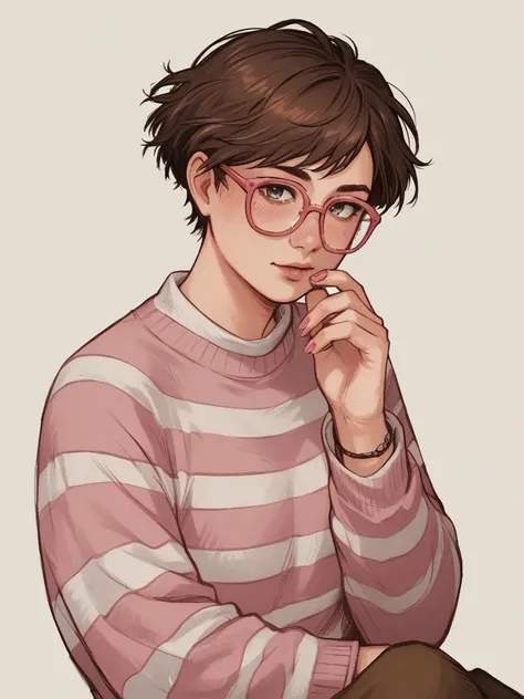 score_9, score_8_up, score_7_up, score_6_up, score_5_up, score_4_up,   wh33z13, 1woman, white skin, Brown short hair, pink striped sweater, rosé glasses 