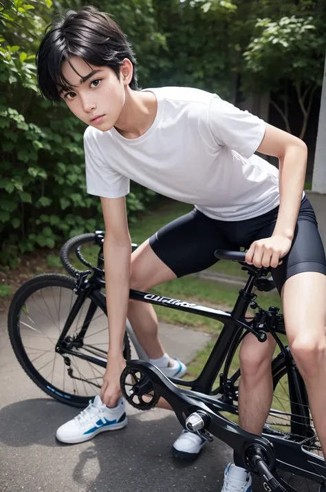 Teenage boy with loose clothes and a cycling bike and straight, black hair